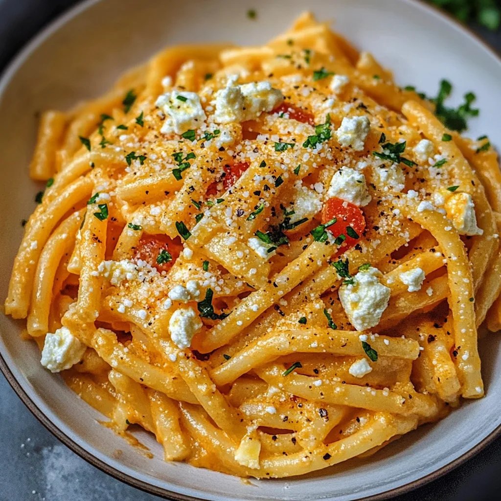 Pasta mit Kürbissoße und Feta