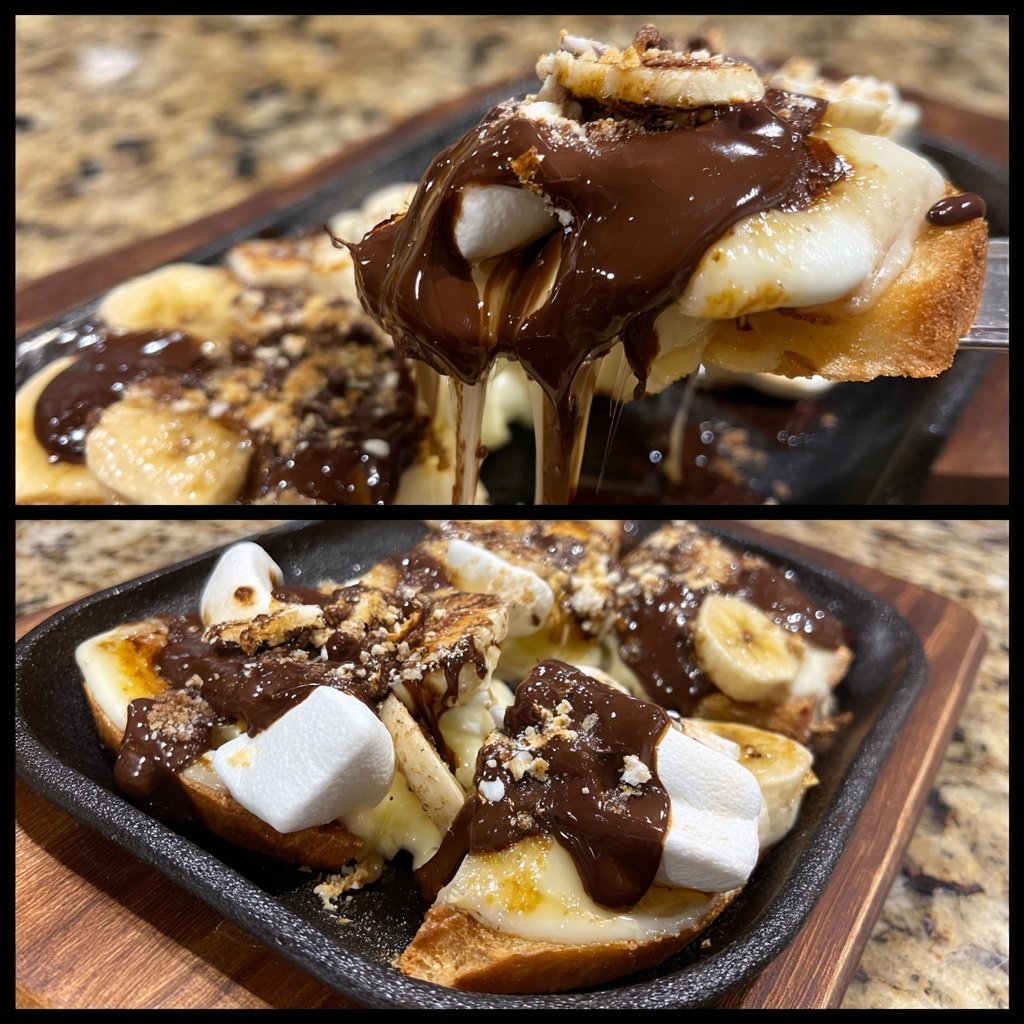 Süßes Dessert-Raclette mit Banane, Schokolade und Marshmallows