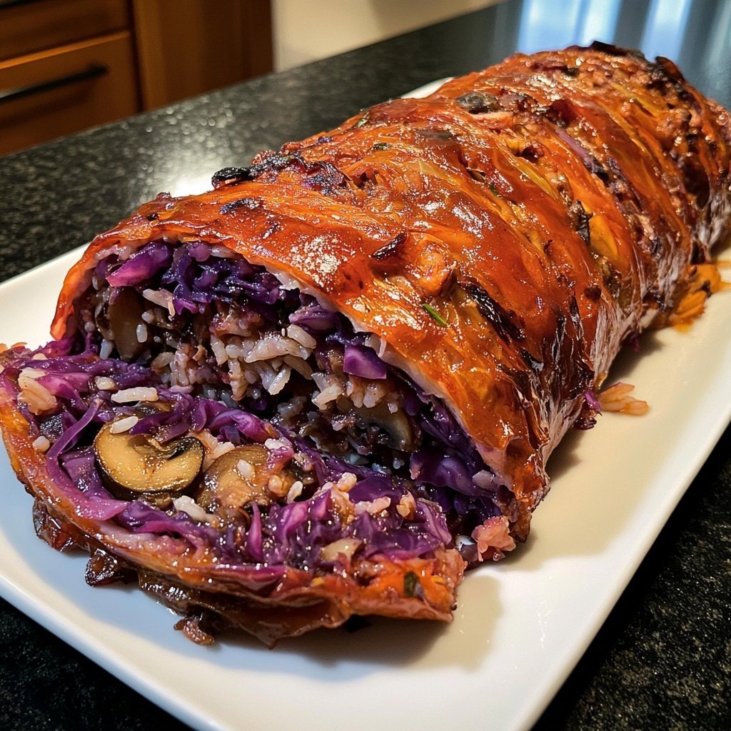 Rotkohl-Rouladen gefüllt mit Reis und Pilzen