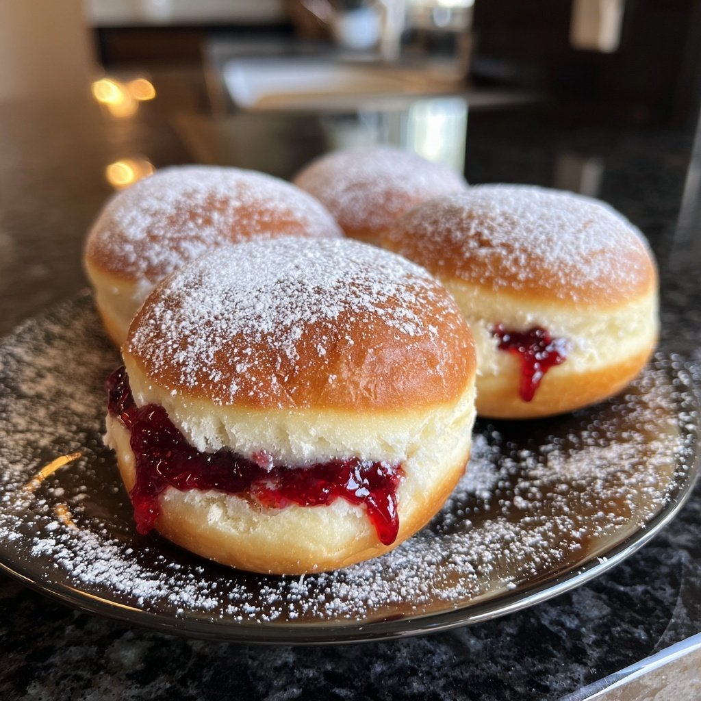 Klassische Deutsche Berliner Donuts mit Himbeermarmelade
